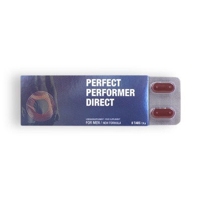 Embalagem azul escura com oito comprimidos marrons em blister, texto em branco 'PERFECT PERFORMER DIRECT'
