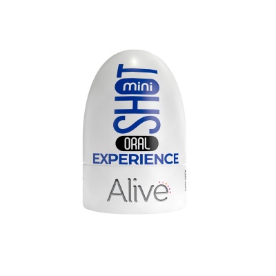 Frasco branco com texto 'SHOT mini ORAL EXPERIENCE Alive'