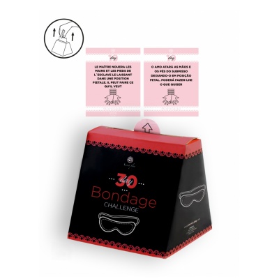 Embalagem triangular preta com detalhes vermelhos e texto '30 Bondage Challenge', com ilustração de venda para os olhos e instruções em francês e português