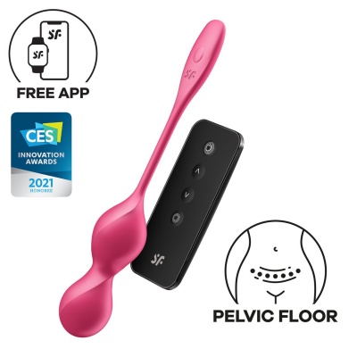 Produto para o pavimento pélvico em silicone cor rosa com controlo remoto preto e prémio CES