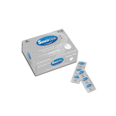 Caixa de preservativos Sensitex Extra Fino cinzenta e azul com três preservativos individuais