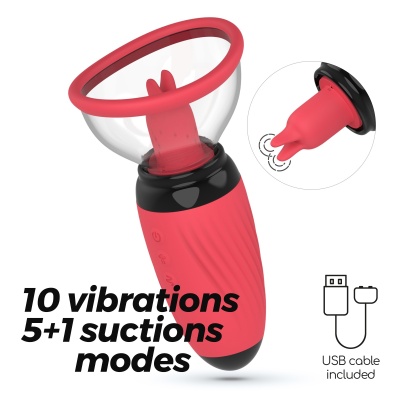 Dispositivo vermelho e preto com formas cónicas e tampa transparente