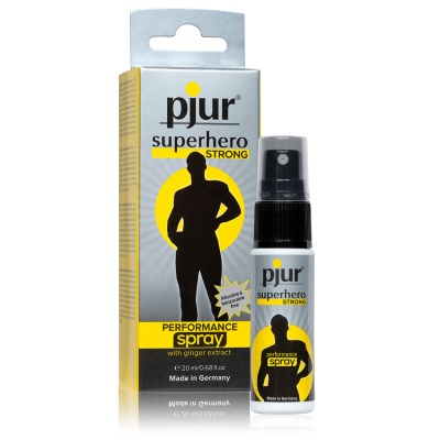 Frasco e embalagem de spray pjur superhero STRONG amarelo e preto com silhueta de homem
