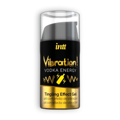 Frasco de gel intt Vibration! Vodka Energy com tampa transparente e rótulo preto e dourado