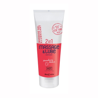 Tubo de gel de massagem e lubrificante 2in1 branco e vermelho com aroma de morango.