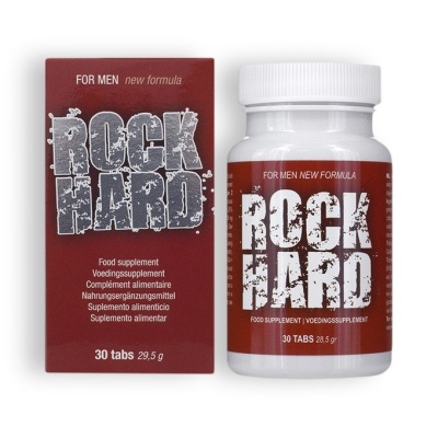 Suplemento alimentar ROCK HARD para homens em frasco branco e caixa vermelha