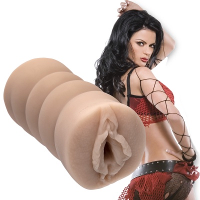 Brinquedo sexual masculino com mulher em roupa interior vermelha e preta no fundo