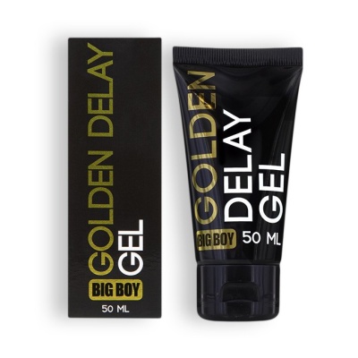 Bisnaga preta e embalagem de produto GOLDEN DELAY GEL BIG BOY 50 ML