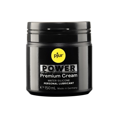 Frasco preto de creme pjur POWER Premium Cream com tampa preta e rótulo com texto