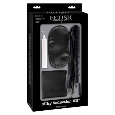 Conjunto Fetish Fantasy Deluxe Silky Seduction Kit com venda preta, vela branca, lenço preto e pena preta