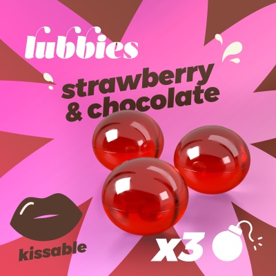 Embalagem rosa com três glóbulos vermelhos e textos 'lubbies strawberry & chocolate', 'kissable' e 'x3'