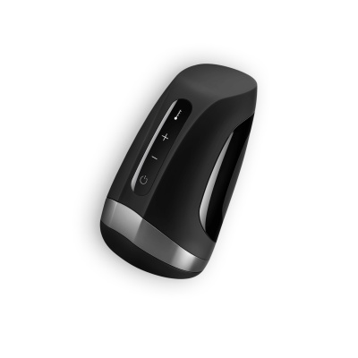 Aparelho eletrónico portátil preto e cinza com botões de controlo e design curvo