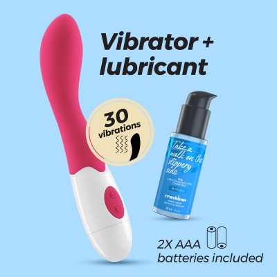 Vibrador rosa e branco com frasco azul de lubrificante em fundo azul claro