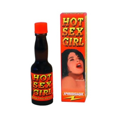 Frasco e caixa do produto 'Hot Sex Girl' com imagem de mulher e texto chamativo em vermelho e amarelo