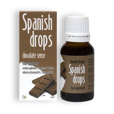 Frasco e caixa de suplemento alimentar Spanish drops com tema chocolate.