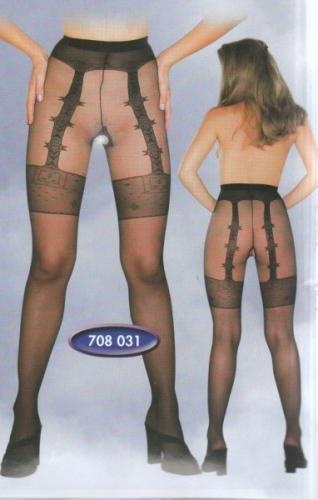 Meias pretas transparentes com padrão de ligas e rendas exibidas em modelo feminino