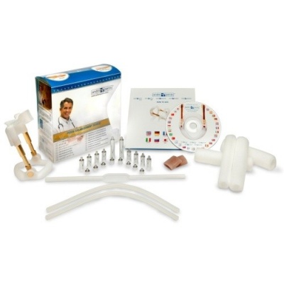 Kit de ferramentas com acessórios metálicos, mangueiras e embalagem com guia e imagem de homem