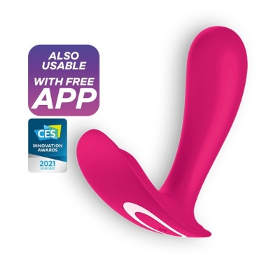Vibrador rosa curvado em silicone com texto sobre app e prémio CES