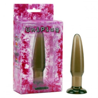 Plug anal castanho translúcido com base preta ao lado da embalagem rosa UniPlug