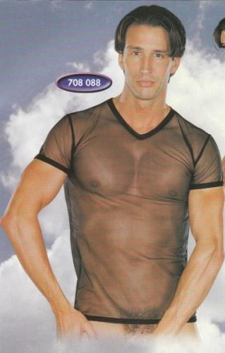 Camisola masculina transparente preta de manga curta e gola em V