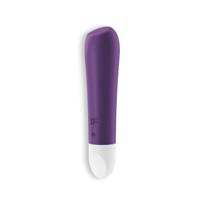 Vibrador roxo com base branca e botões de controlo