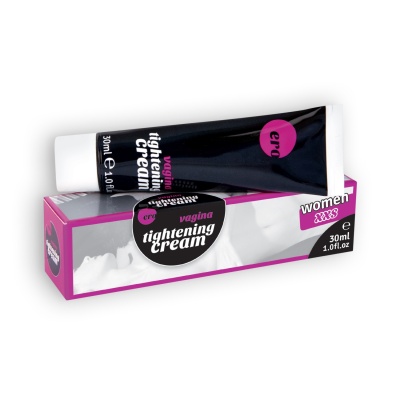Creme vaginal tightening cream em tubo preto com caixa rosa e branca para mulheres