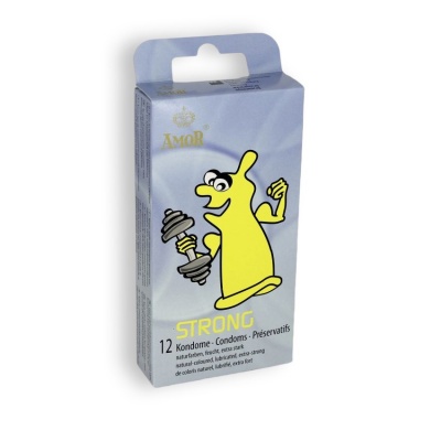 Embalagem cinza azulado de preservativos AMOR STRONG com ilustração amarela de preservativo a levantar halteres.