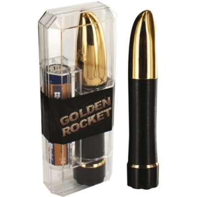 Dispositivo dourado e preto em embalagem transparente com texto GOLDEN ROCKET