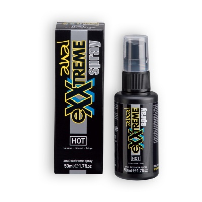 Spray anal eXtreme em embalagem preta com texto amarelo, azul e branco