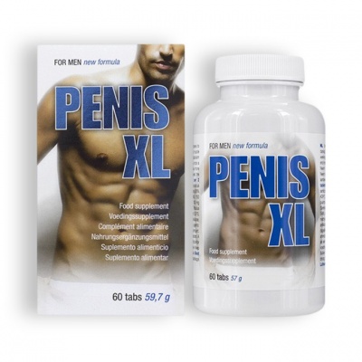 Suplemento alimentar PENIS XL para homens com embalagem e frasco brancos e texto azul