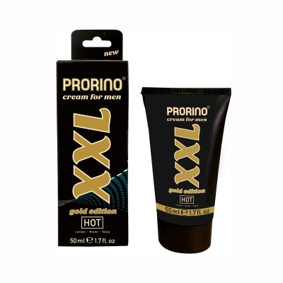 Produto PRORINO cream for men XXL gold edition HOT em tubo preto com embalagem exterior
