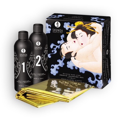 Conjunto de gel de massagem erótica Shunga com embalagem preta e caixa ilustrada artística