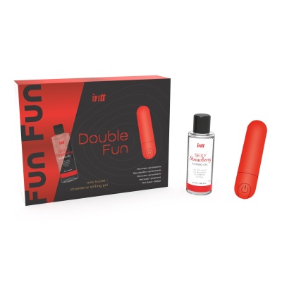 Conjunto erótico com vibrador vermelho, gel lubrificante e embalagem preta e vermelha.