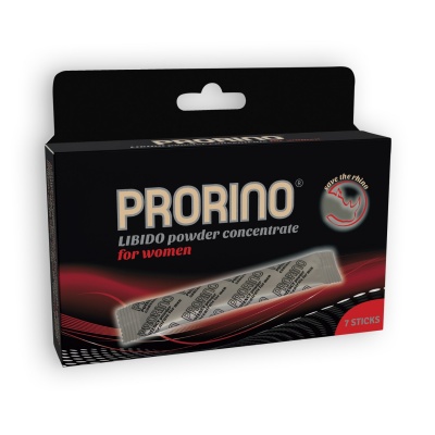 Embalagem preta e vermelha PRORINO libido powder concentrate para mulheres com 7 sticks