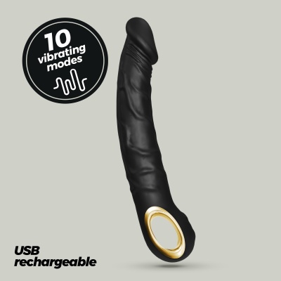 Vibrador preto com anel dourado, texto sobre modos vibratórios e recarga USB