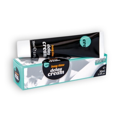 Creme 'long time delay cream' para homens em tubo preto e branco e caixa branca com detalhes azuis.