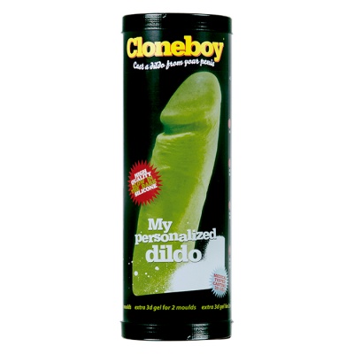 Embalagem preta de dildo personalizado Cloneboy com imagem verde e textos promocionais em inglês