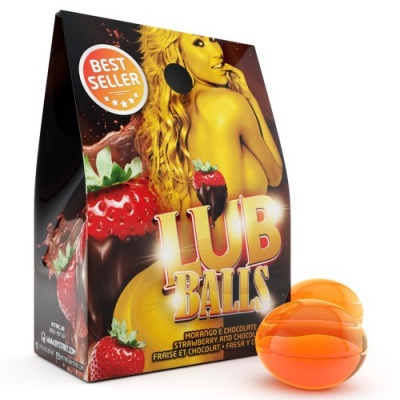 Embalagem LUB BALLS com design de morango e mulher loira e duas esferas laranja translúcidas ao lado.