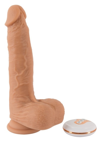 Produto sexual em silicone cor pele com controle remoto branco e dourado