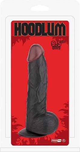 Dildo preto realista de 24 cm com embalagem vermelha e texto HOODLUM