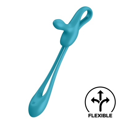 Produto azul flexível de silicone com design alongado e ícone FLEXIBLE preto