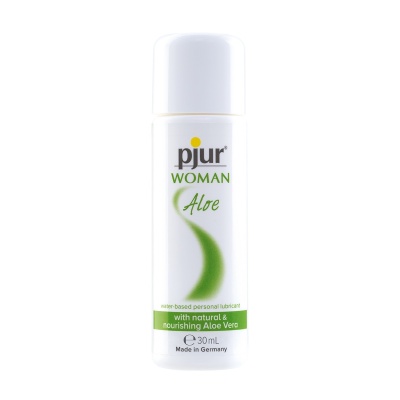 Frasco branco do lubrificante pjur Woman Aloe com texto verde e preto