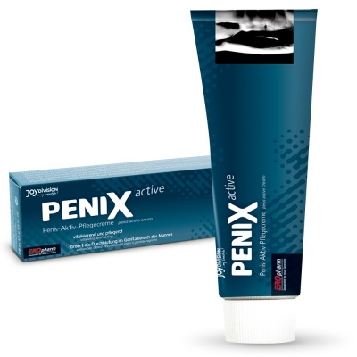 Bisnaga azul escuro com creme e caixa azul com texto PENIX active