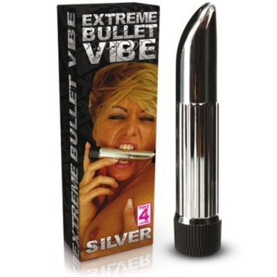 Vibrador bullet prata com embalagem preta e mulher loira na caixa