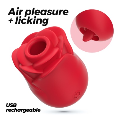 Dispositivo vermelho em forma de flor com abertura central para prazer, recarregável por USB