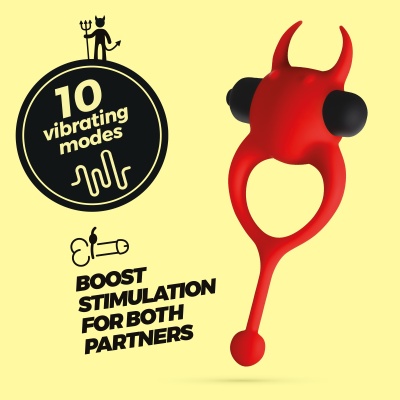 Anel vermelho com pontas pretas e cornos, texto sobre modos vibratórios e estimulação