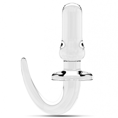 Plug anal de vidro transparente com forma curva sobre fundo branco