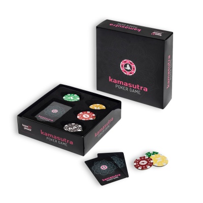 Jogo de poker Kamasutra com cartas e fichas coloridas e embalagem preta