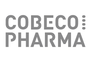 Logótipo COBECO PHARMA em letras cinzentas num fundo branco
