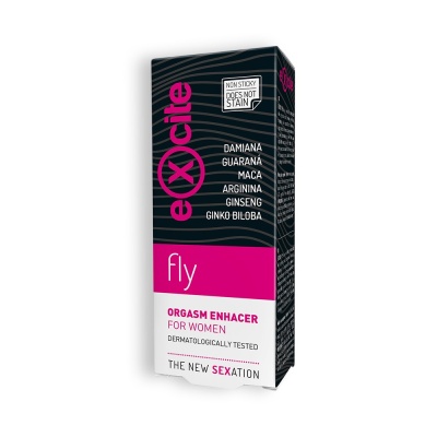 Embalagem eXcite fly com texto e lista de ingredientes em preto, rosa e branco